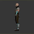 Bald Headed Bearded Tattooed Shirtless Warrior Game Movie Character With Blue Accent Pants And Armor