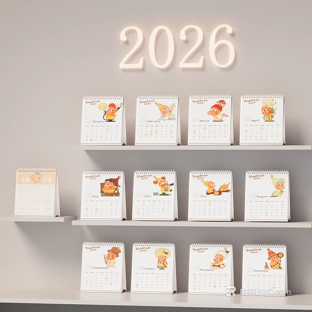 Decorative Ornament Set With 2026 Neon Light And Multi Layer Shelves Holding Cartoon Calendars 3d model 