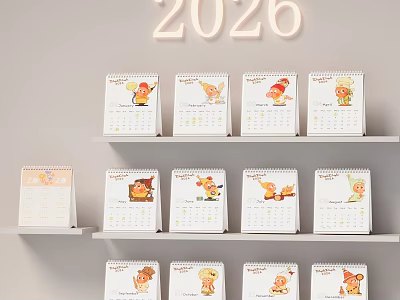 Decorative Ornament Set With 2026 Neon Light And Multi Layer Shelves Holding Cartoon Calendars 3d model