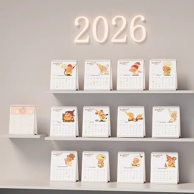 Decorative Ornament Set With 2026 Neon Light And Multi Layer Shelves Holding Cartoon Calendars 3d model