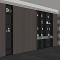Modern Built in Tea Cabinet with Wooden Shelves Tea Sets Decorative Items and Interior Lighting