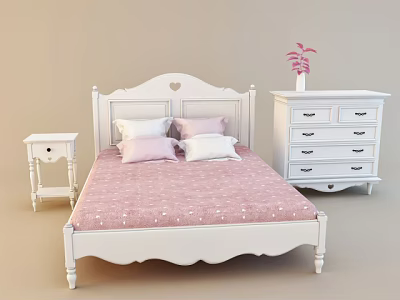 Cozy White Double Bed with Heart Headboard Pink Polka Dot Mattress Nightstand and Dresser 3d model