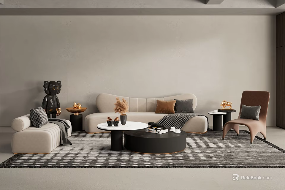 Beige Sofa With Multiple Cushions And Round Coffee Table Set On Black White Patterned Rug 3d model 
