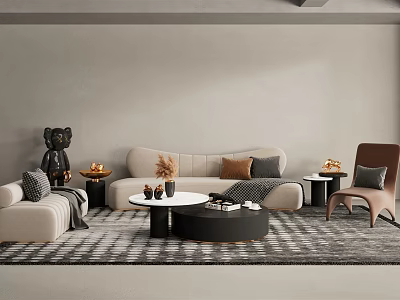 Beige Sofa With Multiple Cushions And Round Coffee Table Set On Black White Patterned Rug 3d model