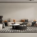 Beige Sofa With Multiple Cushions And Round Coffee Table Set On Black White Patterned Rug 3d model