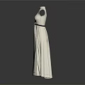 Off White High Neck Sleeveless Dress With Black Belt Waist And Pleated Skirt