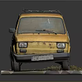 Old Yellow Small Car with Roof Rack Blue Cloth on Window Displayed on Platform