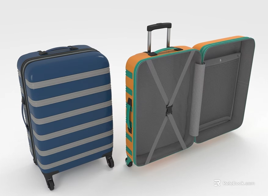 Blue Striped Travel Suitcase with Wheels and Open Orange Green Luggage Interior Straps Mesh 3d model 