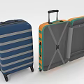 Blue Striped Travel Suitcase with Wheels and Open Orange Green Luggage Interior Straps Mesh