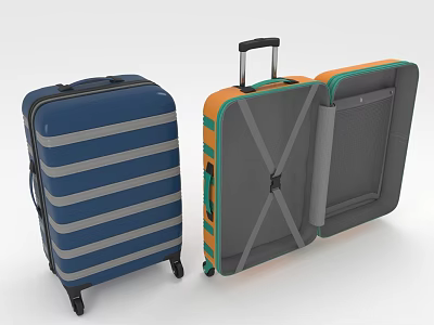 Blue Striped Travel Suitcase with Wheels and Open Orange Green Luggage Interior Straps Mesh 3d model