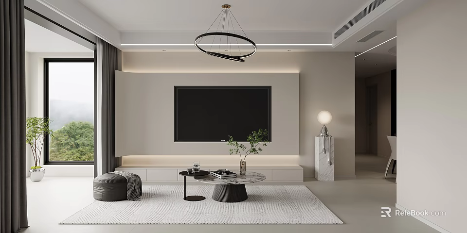 Modern Living and Dining Room Interior With TV Wall Circular Chandelier Rug And Coffee Table 3d model 