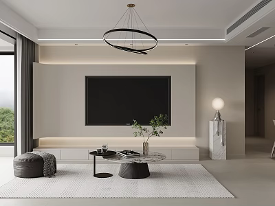Modern Living and Dining Room Interior With TV Wall Circular Chandelier Rug And Coffee Table 3d model