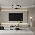 Modern Living and Dining Room Interior With TV Wall Circular Chandelier Rug And Coffee Table