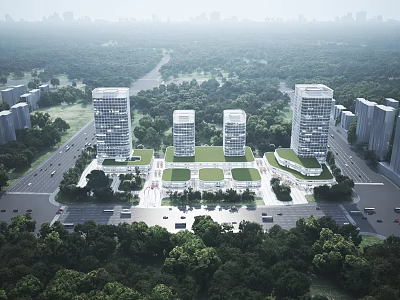 Aerial Planning of Modern Urban Layout With High Rise Buildings Green Central Spaces and Surrounding Roads 3d model