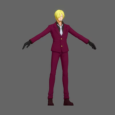 Anime Game Character In Purple Suit With Blonde Hair And Black Gloves Arms Outstretched 3d model