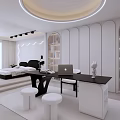Modern Minimalist Bedroom With Black Bed Wavy Light Strips White Curtains Bookshelf And Stuffed Toys