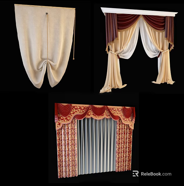 Curtains with Various Styles Beige Drapes Red Patterns and Elegant Details 3d model
