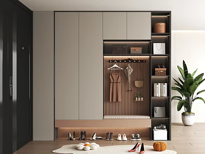 Modern Shoe Cabinet With Hanging Area Storage Boxes Shoes And Potted Decorative Plant 3d model