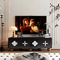 Elegant Black TV Stand with White Decorative Patterns TV Lamp and Ornaments