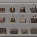 Elegant Leather Handbags With Various Styles Colors And Patterns On Shelves