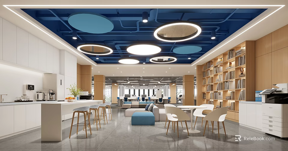 Modern Break Room Interior With Blue Ceiling Circular Lights Bookshelves Bar Counter And Tables Chairs 3d model 