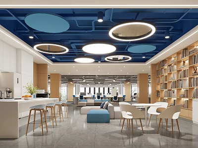 Modern Break Room Interior With Blue Ceiling Circular Lights Bookshelves Bar Counter And Tables Chairs 3d model