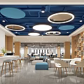 Modern Break Room Interior With Blue Ceiling Circular Lights Bookshelves Bar Counter And Tables Chairs