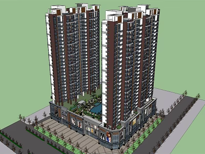 Modern Twin High Rise Residential Buildings Exterior With Greenery And Ground Facilities 3d model