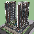 Modern Twin High Rise Residential Buildings Exterior With Greenery And Ground Facilities