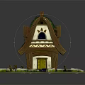 Enchanted Wooden Cottage With Moss Covered Sloped Roof Yellow Door And Surrounding Greenery