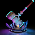 Illuminated Hammer With Intricate Patterns And Glowing Purple Crystals On Circular Base