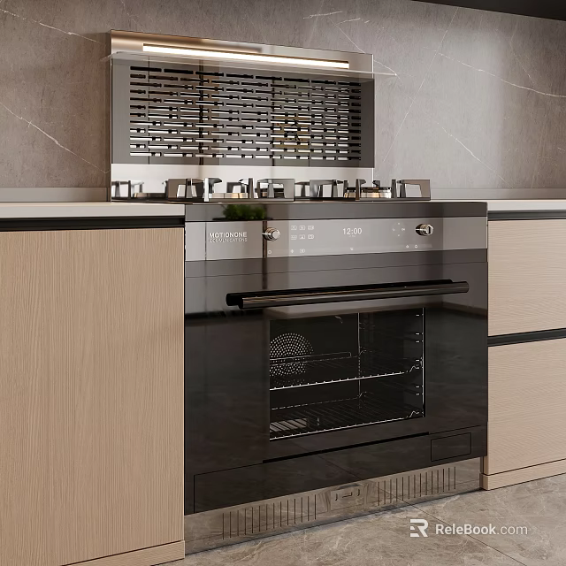 Modern Kitchen Appliances Featuring Black Built-in Oven Metal Stove With Wooden Cabinets And Marble Wall 3d model 