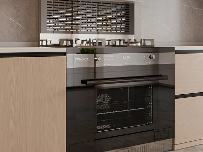 Modern Kitchen Appliances Featuring Black Built-in Oven Metal Stove With Wooden Cabinets And Marble Wall 3d model