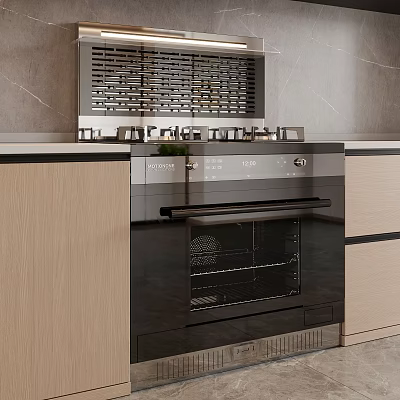 Modern Kitchen Appliances Featuring Black Built-in Oven Metal Stove With Wooden Cabinets And Marble Wall 3d model
