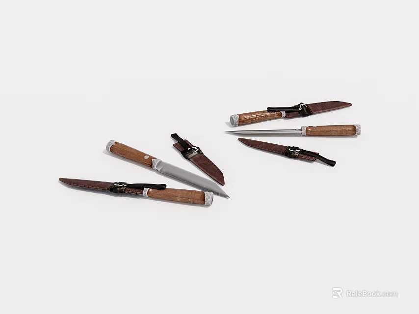 Essential Kitchen Knives With Wooden And Black Handles And Sharp Blades 3d model 