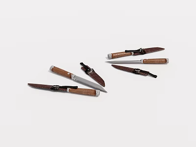 Essential Kitchen Knives With Wooden And Black Handles And Sharp Blades 3d model