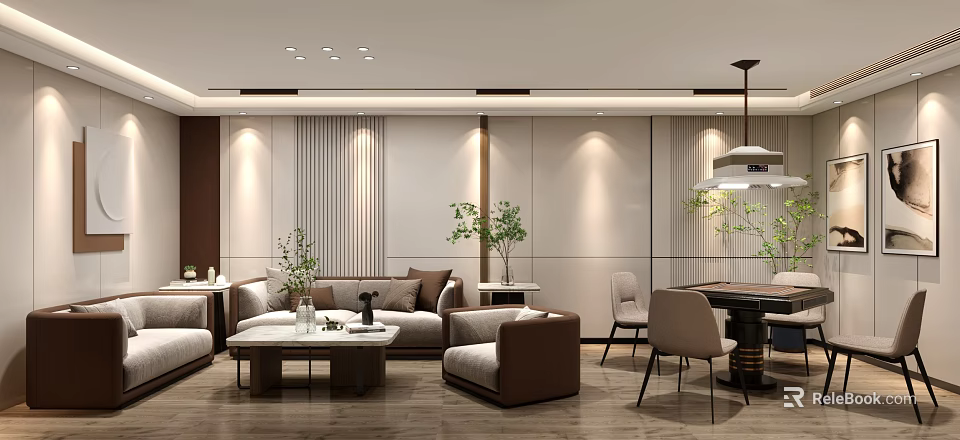 Modern Hotel Mahjong Room Interior With Comfortable Sofa Coffee Table Green Plants And Warm Lighting 3d model 