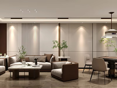 Modern Hotel Mahjong Room Interior With Comfortable Sofa Coffee Table Green Plants And Warm Lighting 3d model