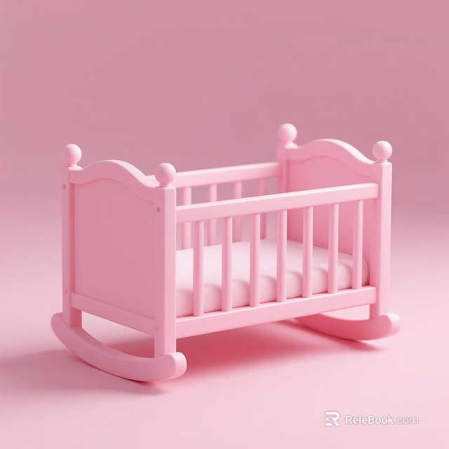 Cute Pink Rocking Baby Crib With Spherical Knobs And Soft Mattress 3d model 