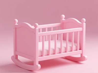 Cute Pink Rocking Baby Crib With Spherical Knobs And Soft Mattress 3d model