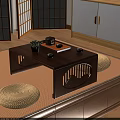 Japanese Style Wooden Tea Table with Cushions and Tea Set on Tatami Mat