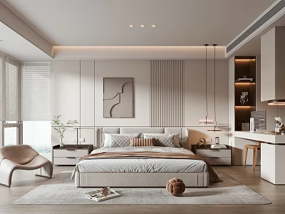 Modern Bedroom Interior Design With Bed Nightstands Decorative Painting Blinds Accent Chair And Rug 3d model