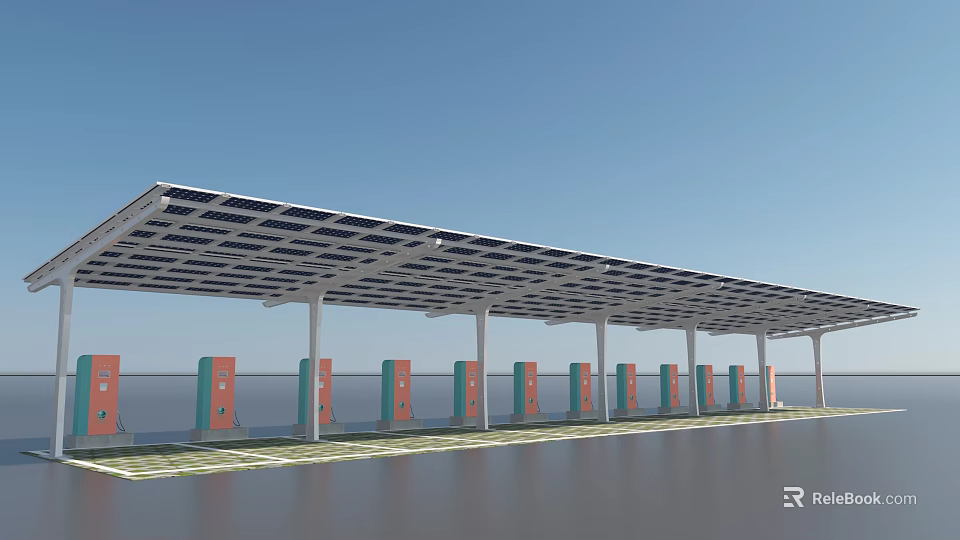 Waterfront EV Charging Station With Solar Panel Roof And Multiple Charging Ports 3d model 