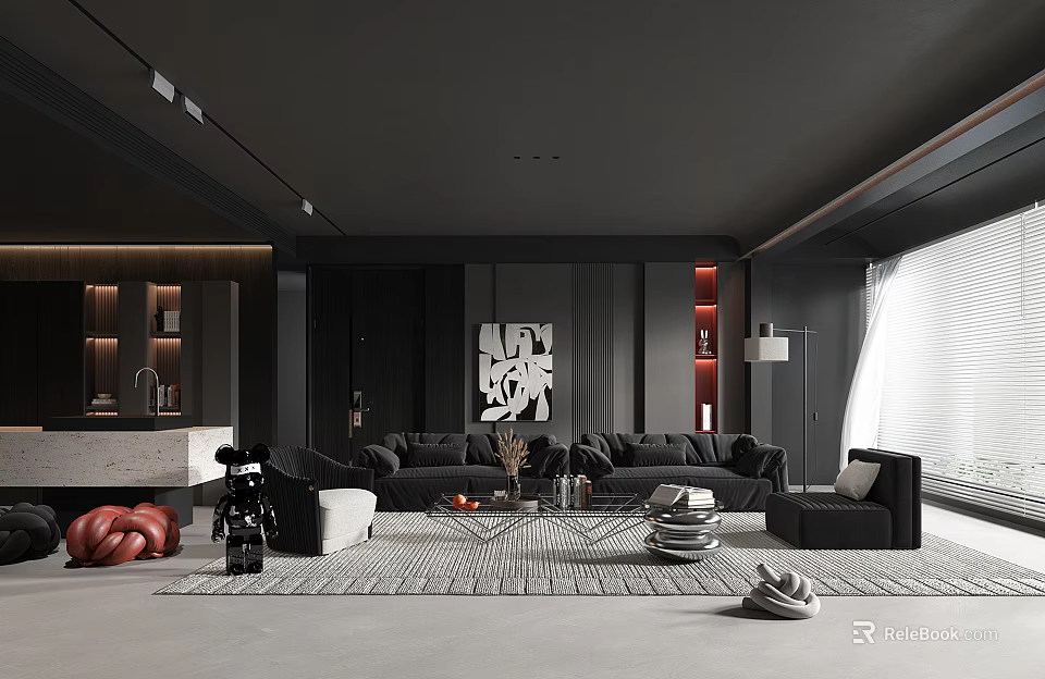 Modern Dark Living Room Interior With Large Sofa Abstract Artwork And Area Rug 3d model 