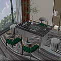 Black Tabletop Green Cushioned Gold Frame Tea Table with Chairs Indoor Large Window View 3d model