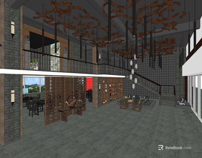 Shop Front Desk Modern Design With Wooden Decor And Pendant Lighting Fixtures 3d model 