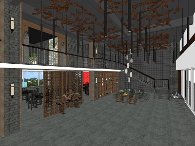 Shop Front Desk Modern Design With Wooden Decor And Pendant Lighting Fixtures 3d model