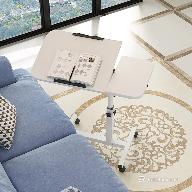 Mobile Functional Desk With Wheels White Tabletop Open Book Pen And Blue Sofa 3d model 