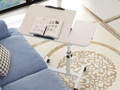 Mobile Functional Desk With Wheels White Tabletop Open Book Pen And Blue Sofa 3d model