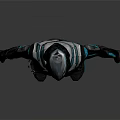 Futuristic Armored Sci Fi Character Wearing Blue And White Cybernetic Armor With Masked Helmet Design